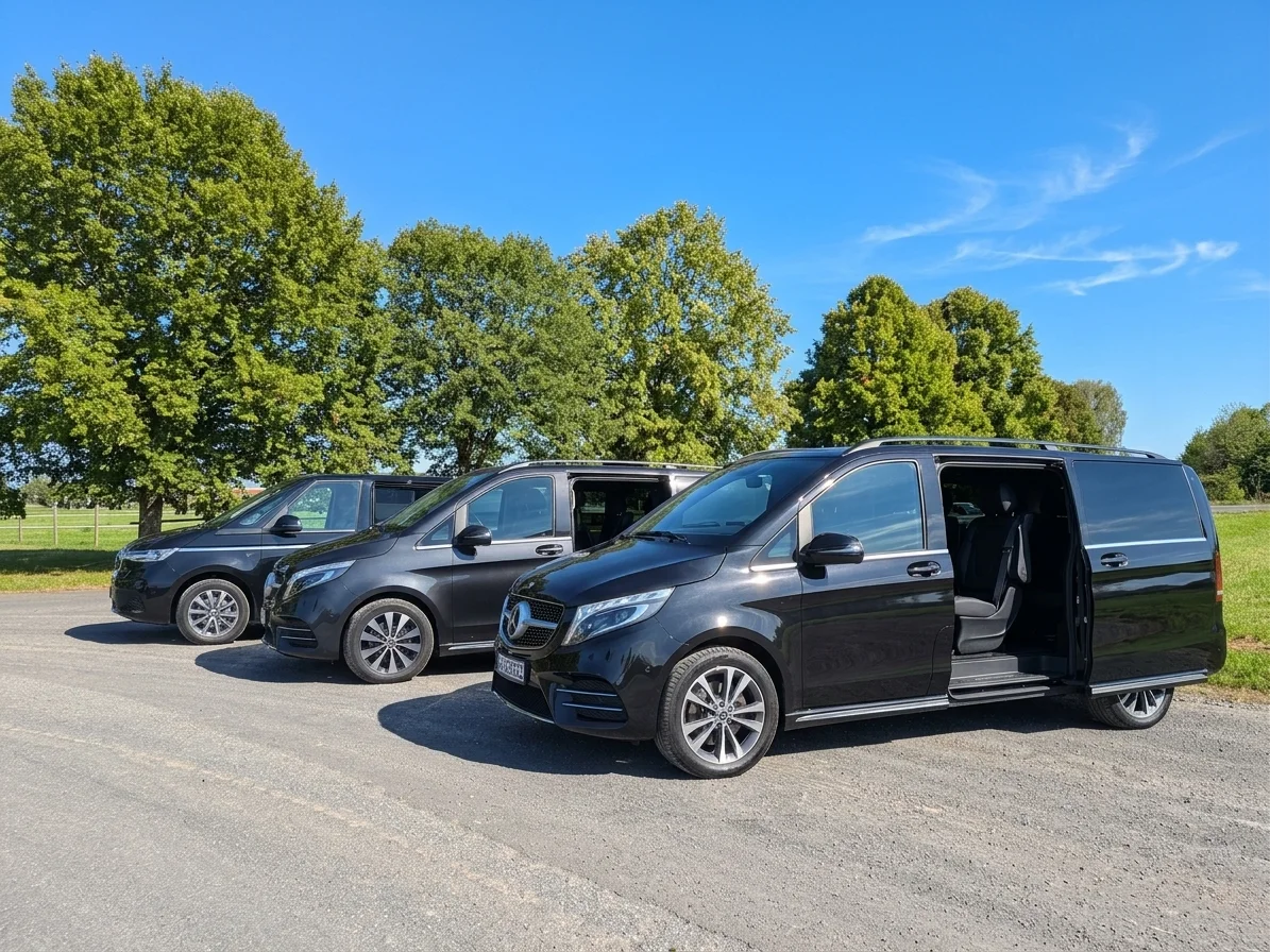 Moderne schwarze Shuttle-Fahrzeuge mit geöffneter Tür in einer Reihe auf einem Parkplatz mit grüner Landschaft