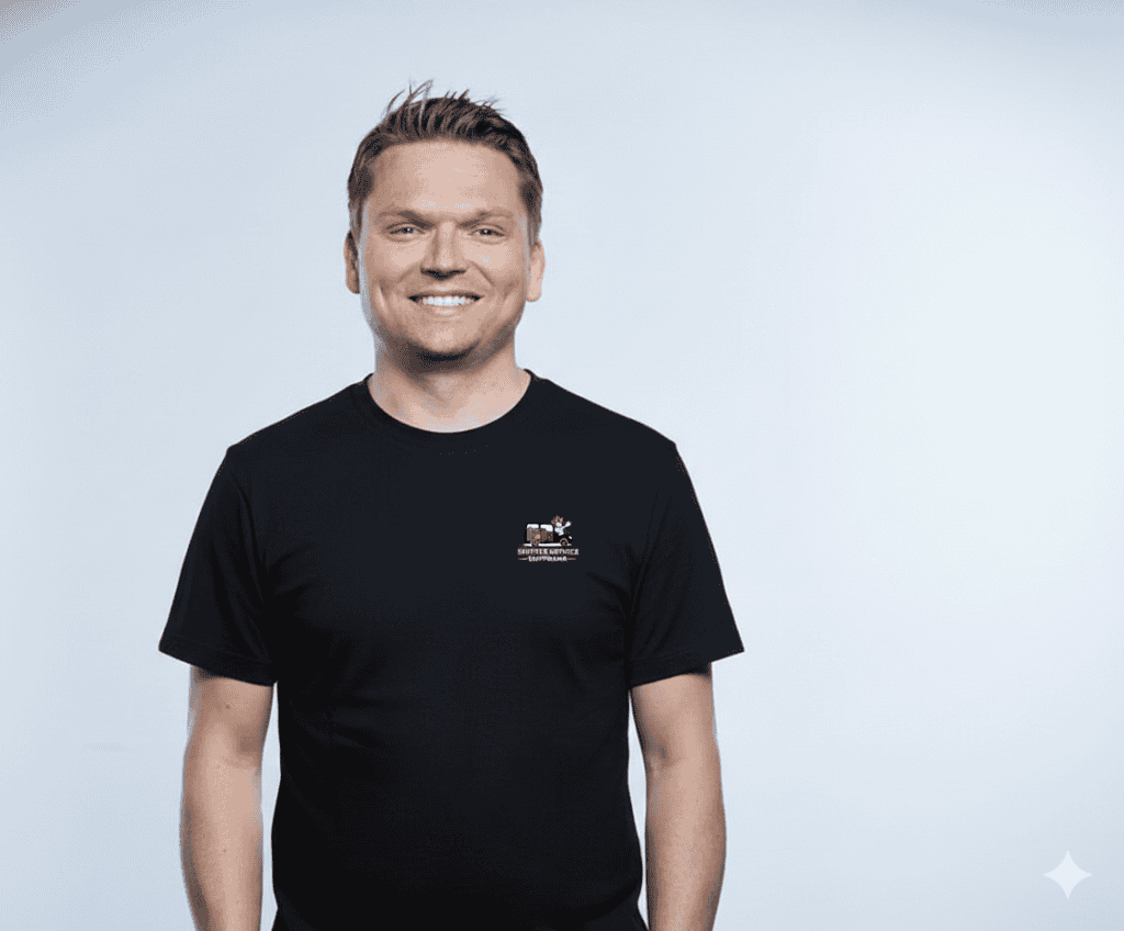 Freundlicher Chauffeur bei Shuttle Service Hoffmann. Zuverlässiger Shuttle-Service Hoffmann mit freundlichem Fahrer, pünktlich und komfortabel unterwegs. Das Bild zeigt den Geschäftsführer des Shuttle Service Hoffmann, Christian Hoffmann.