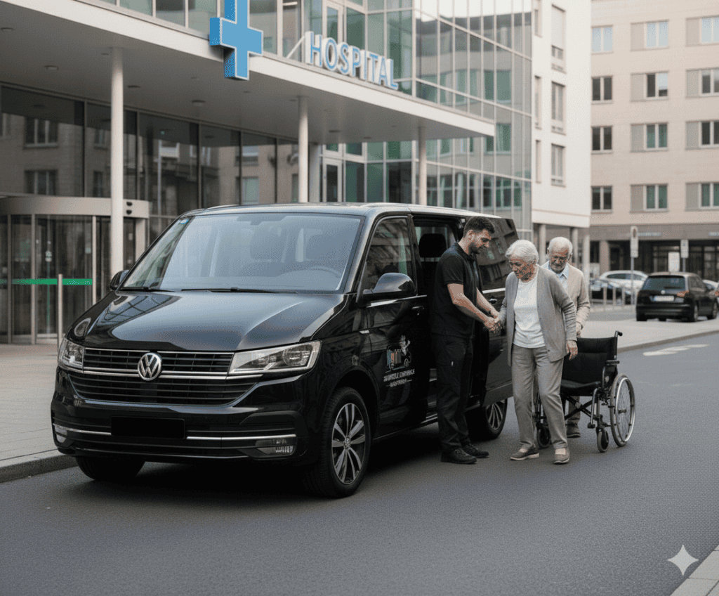 krankenfahrt hanau shuttle service hanau Fahrer hilft älterer Frau mit Rollstuhl beim Einsteigen in einen schwarzen Shuttle.