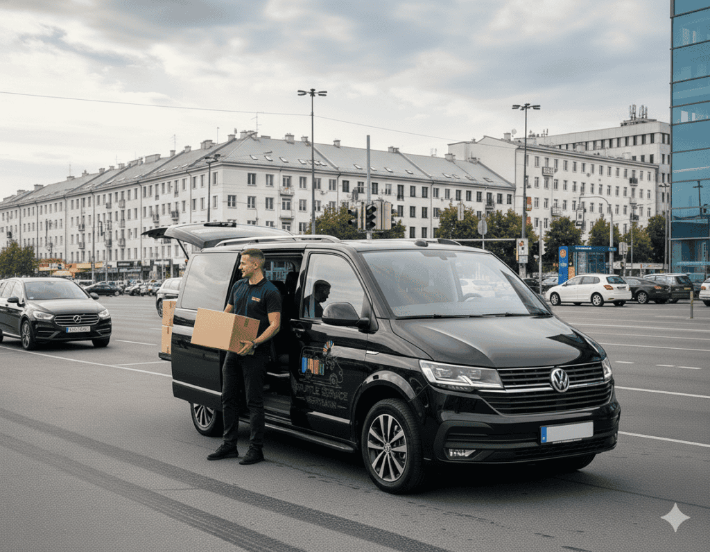 kurierfahrt shuttle service hoffmann Professioneller Kurierdienstin urbaner Umgebung, mit Paket in der Hand und Paketen im Kofferraum