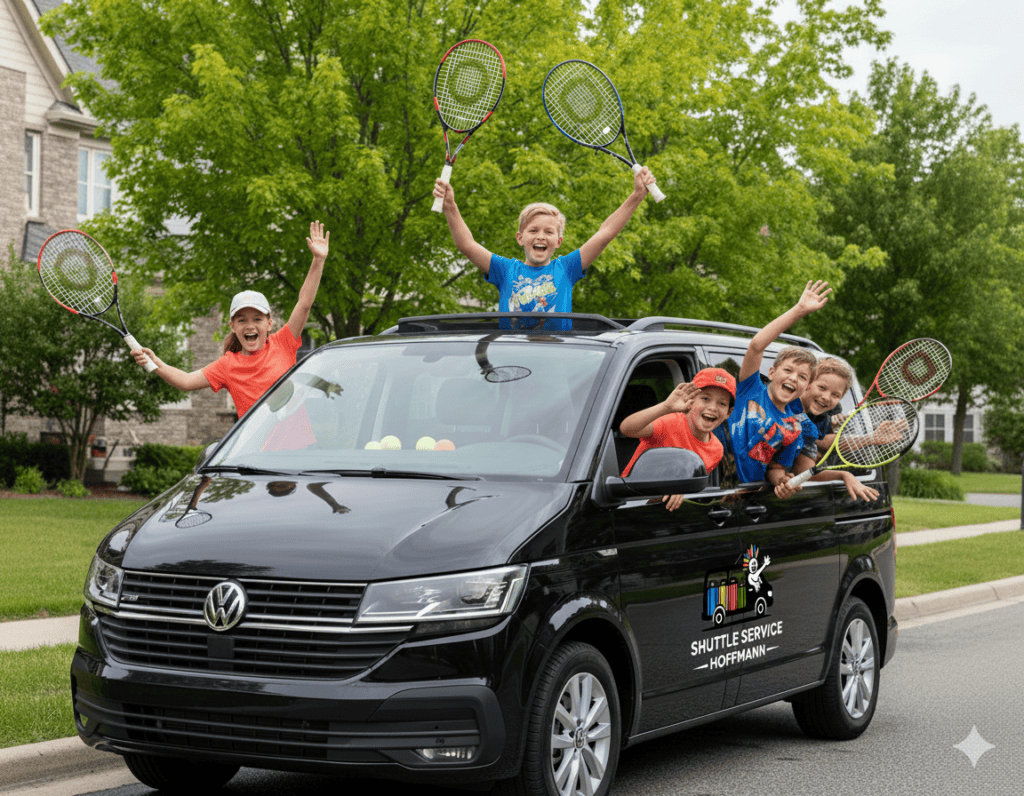tennis taxi hanau frankfurt shuttle service hoffmann Kinder sitzen im Shuttle Bus und halten ihre Tennisschlägern aus dem Bus.